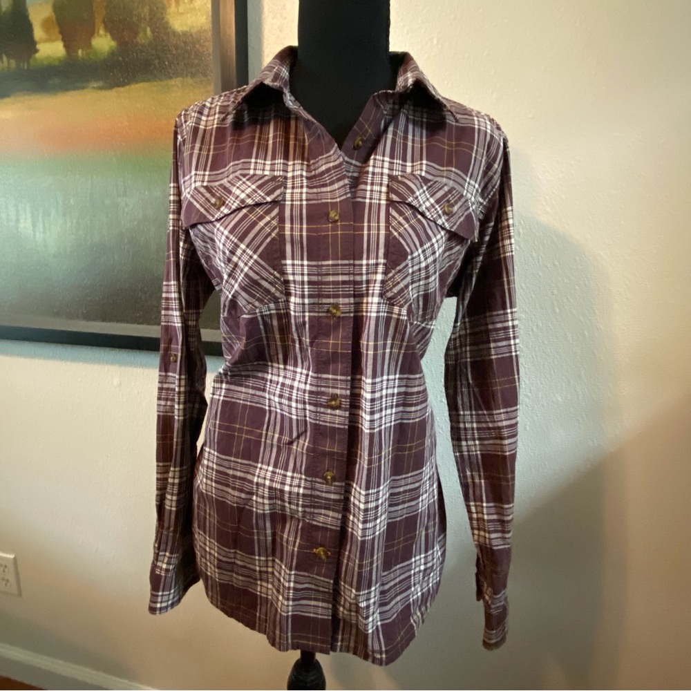 Women's Carhartt Size MED Purple Plaid Button Up Casual Shirt Top Workwear Cabin